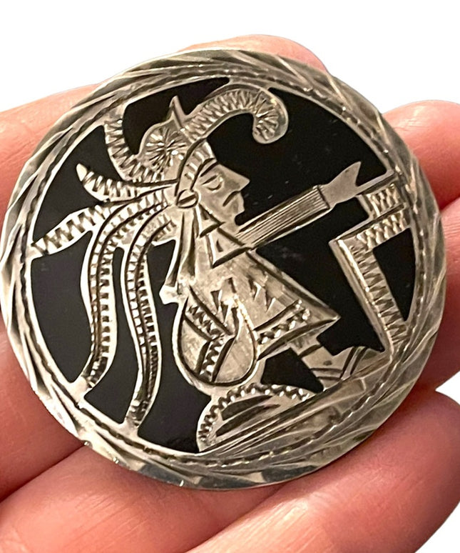 Vintage Mexico Sterling silver Aztec Mayan black onyx inlay H. Sanchez brooch