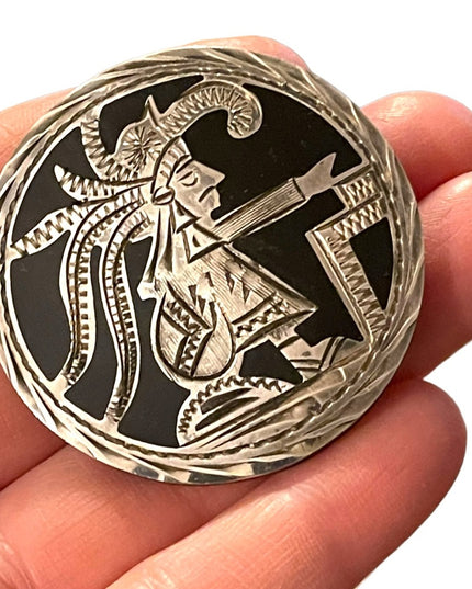 Vintage Mexico Sterling silver Aztec Mayan black onyx inlay H. Sanchez brooch