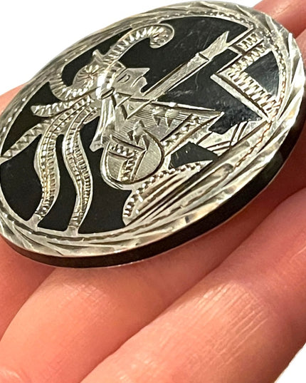 Vintage Mexico Sterling silver Aztec Mayan black onyx inlay H. Sanchez brooch