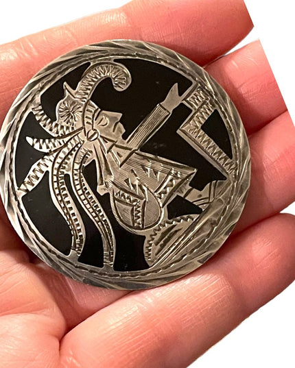 Vintage Mexico Sterling silver Aztec Mayan black onyx inlay H. Sanchez brooch