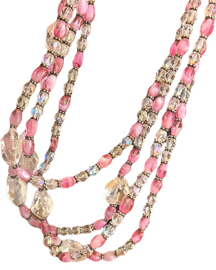 Vintage 3/4 strand pink CZECH glass Quartz &  crystal necklace silver