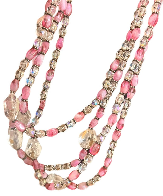 Vintage 3/4 strand pink CZECH glass Quartz &  crystal necklace silver