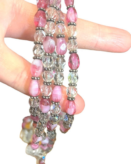 Vintage 3/4 strand pink CZECH glass Quartz &  crystal necklace silver