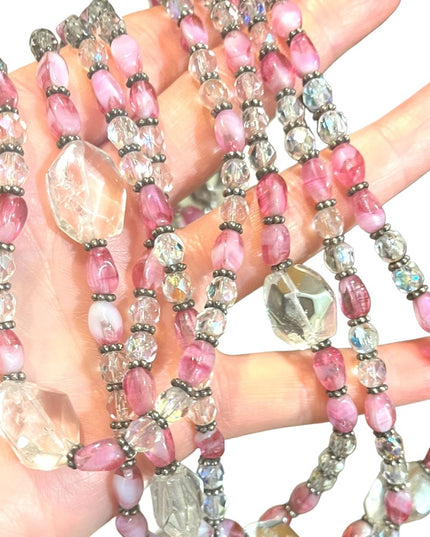 Vintage 3/4 strand pink CZECH glass Quartz &  crystal necklace silver