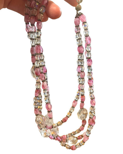 Vintage 3/4 strand pink CZECH glass Quartz &  crystal necklace silver
