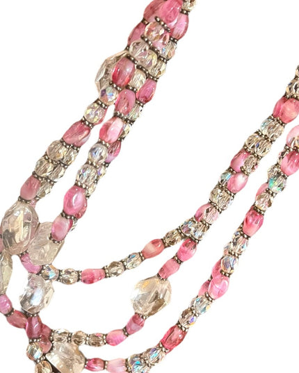Vintage 3/4 strand pink CZECH glass Quartz &  crystal necklace silver