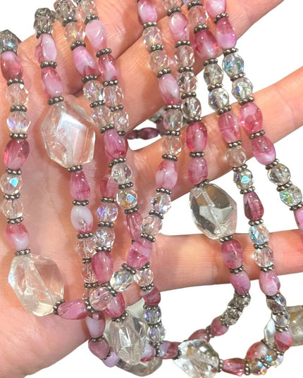 Vintage 3/4 strand pink CZECH glass Quartz &  crystal necklace silver