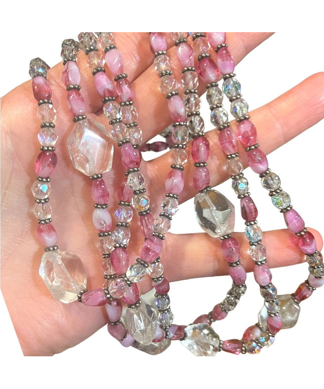 Vintage 3/4 strand pink CZECH glass Quartz &  crystal necklace silver