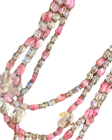 Vintage 3/4 strand pink CZECH glass Quartz &  crystal necklace silver