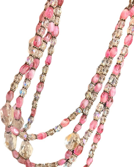 Vintage 3/4 strand pink CZECH glass Quartz &  crystal necklace silver
