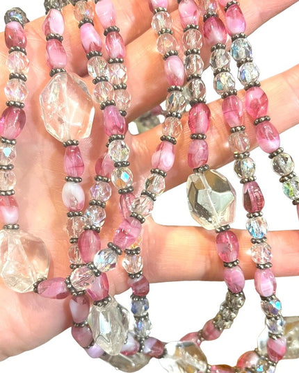 Vintage 3/4 strand pink CZECH glass Quartz &  crystal necklace silver