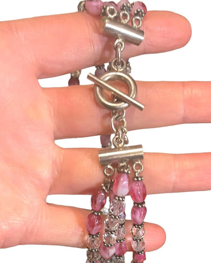 Vintage 3/4 strand pink CZECH glass Quartz &  crystal necklace silver