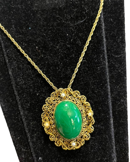 Lovely vintage gold finish ornate Victorian Revival green glass pendant …
