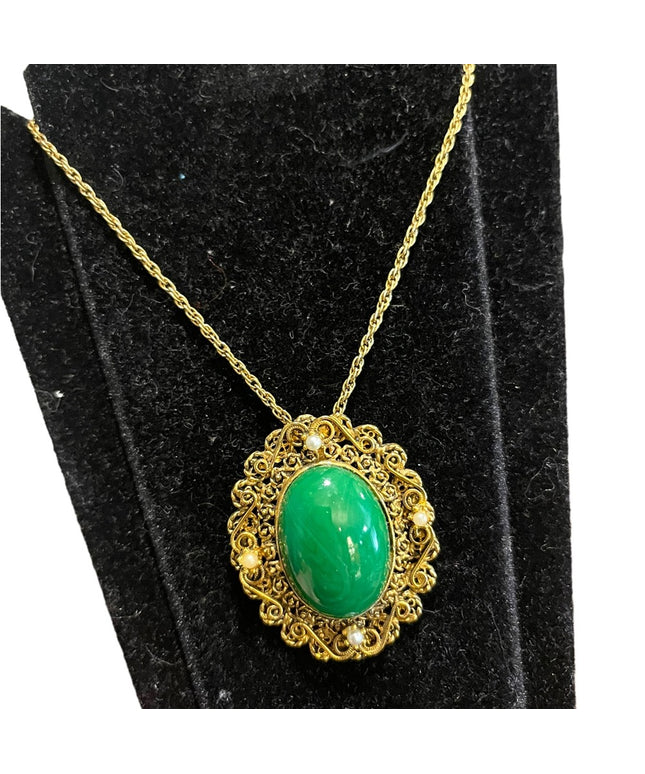 Lovely vintage gold finish ornate Victorian Revival green glass pendant …