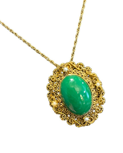 Lovely vintage gold finish ornate Victorian Revival green glass pendant …