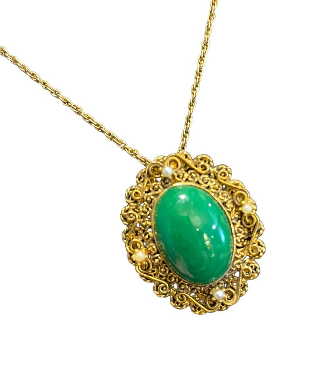 Lovely vintage gold finish ornate Victorian Revival green glass pendant …
