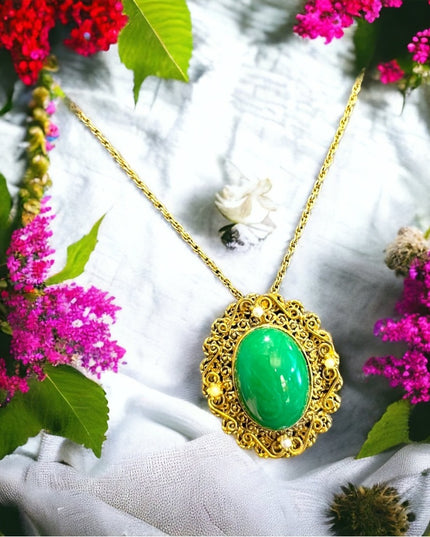Lovely vintage gold finish ornate Victorian Revival green glass pendant …
