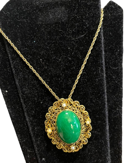 Lovely vintage gold finish ornate Victorian Revival green glass pendant …