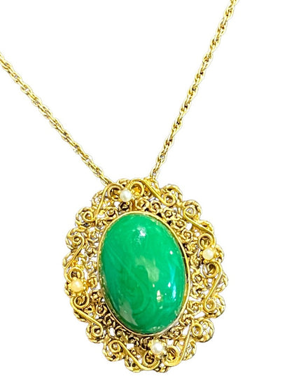 Lovely vintage gold finish ornate Victorian Revival green glass pendant …