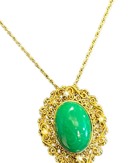 Lovely vintage gold finish ornate Victorian Revival green glass pendant …