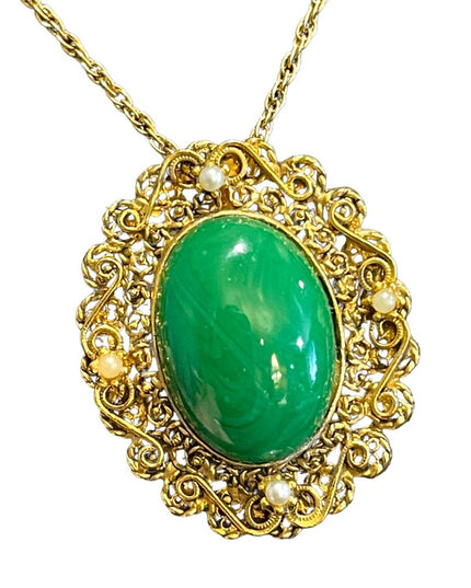 Lovely vintage gold finish ornate Victorian Revival green glass pendant …