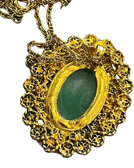 Lovely vintage gold finish ornate Victorian Revival green glass pendant …