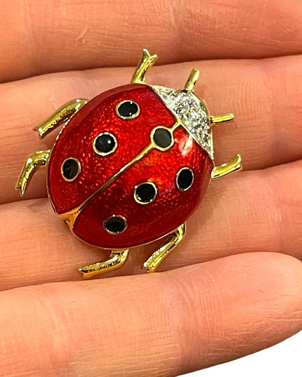 Vintage 1990s Dorlan crystal enameled lady bug brooch gold finish
