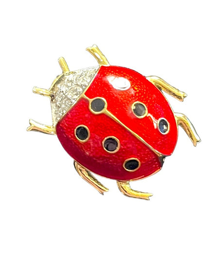 Vintage 1990s Dorlan crystal enameled lady bug brooch gold finish