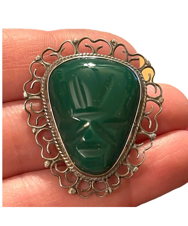 - Vintage Mexico sterling 925 Aztec Agate brooch pendant signed