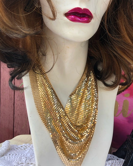 Light weight gold metal mesh bib necklace chainmail