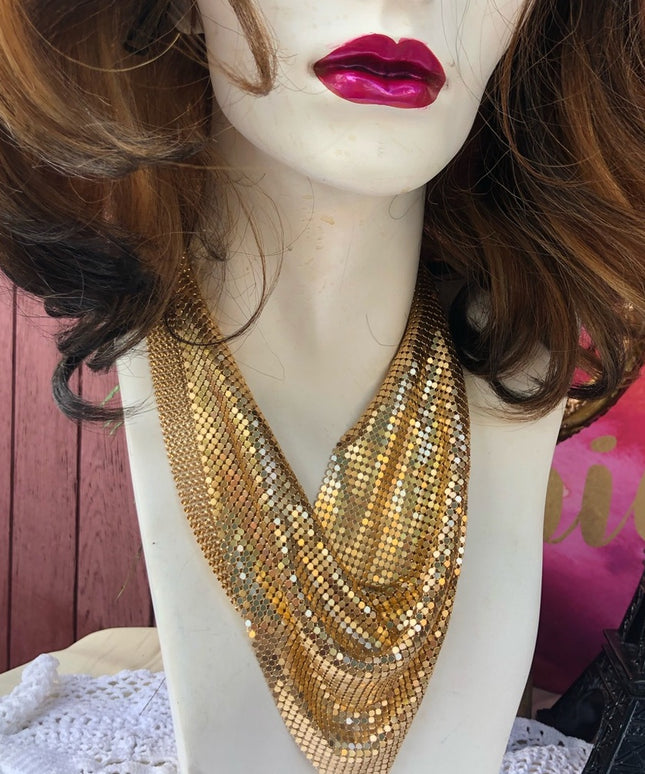Light weight gold metal mesh bib necklace chainmail