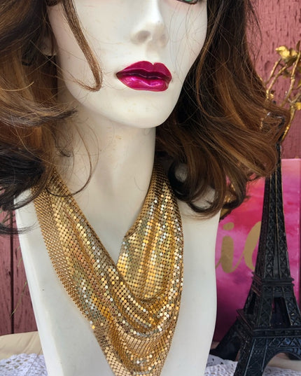 Light weight gold metal mesh bib necklace chainmail