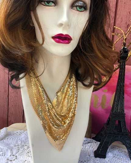 Light weight gold metal mesh bib necklace chainmail