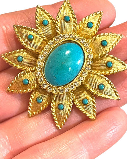 Vintage Faux teal Turquois brooch pendant fancy flower large brushed gold finish