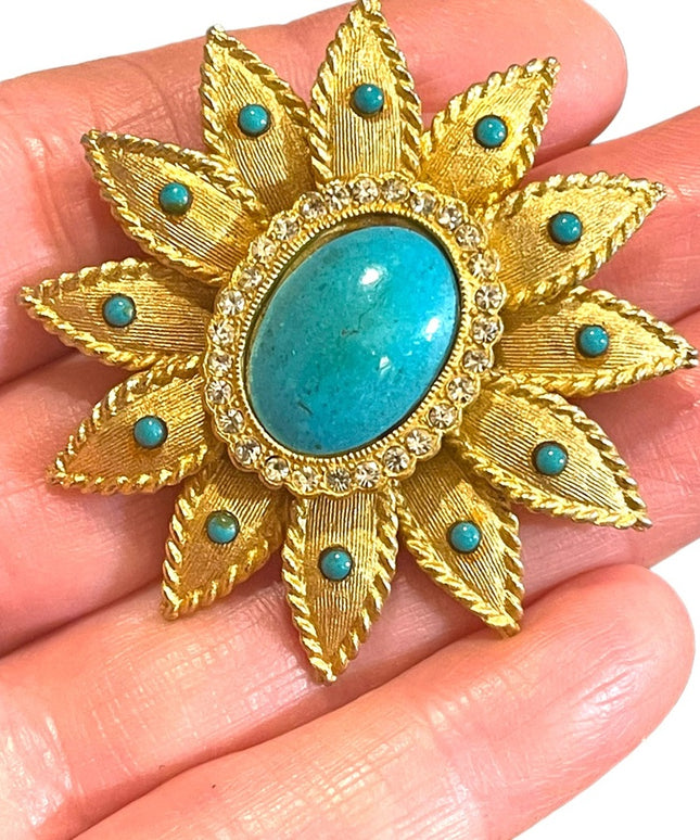 Vintage Faux teal Turquois brooch pendant fancy flower large brushed gold finish