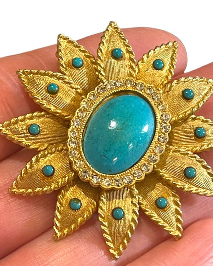 Vintage Faux teal Turquois brooch pendant fancy flower large brushed gold finish