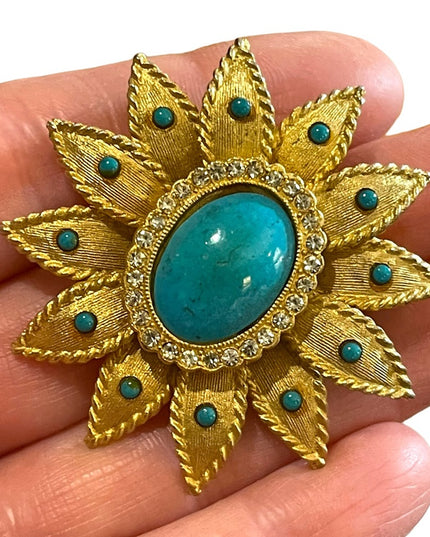 Vintage Faux teal Turquois brooch pendant fancy flower large brushed gold finish