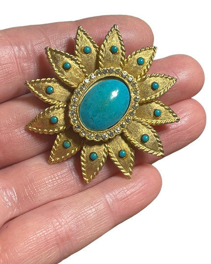 Vintage Faux teal Turquois brooch pendant fancy flower large brushed gold finish