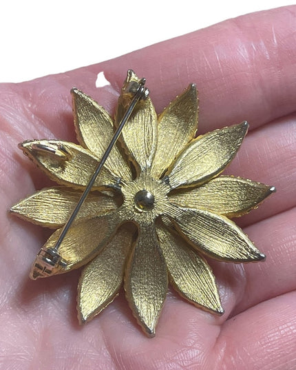 Vintage Faux teal Turquois brooch pendant fancy flower large brushed gold finish