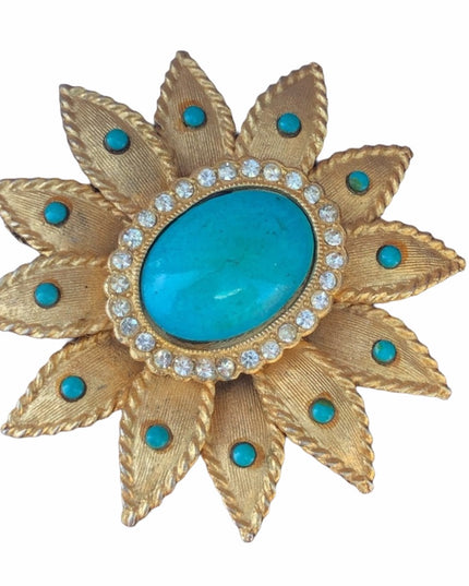 Vintage Faux teal Turquois brooch pendant fancy flower large brushed gold finish