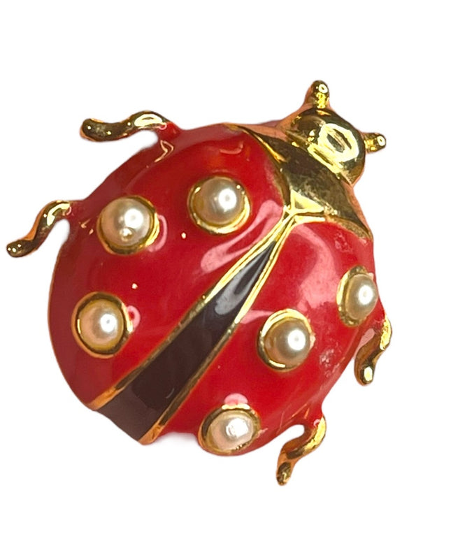 Vintage Marvella lady bug brooch enamel colorful gold finish stamped