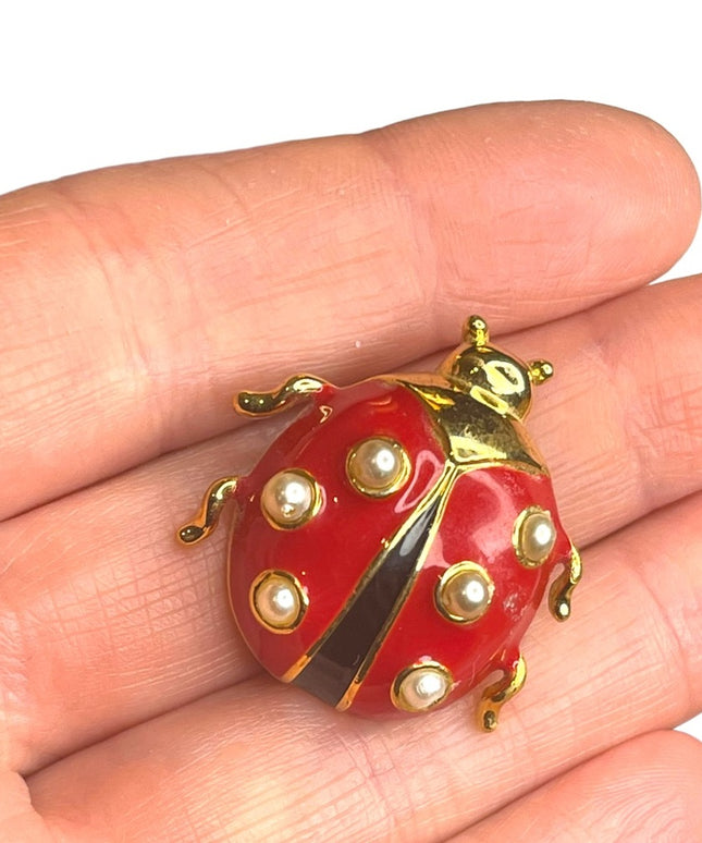 Vintage Marvella lady bug brooch enamel colorful gold finish stamped