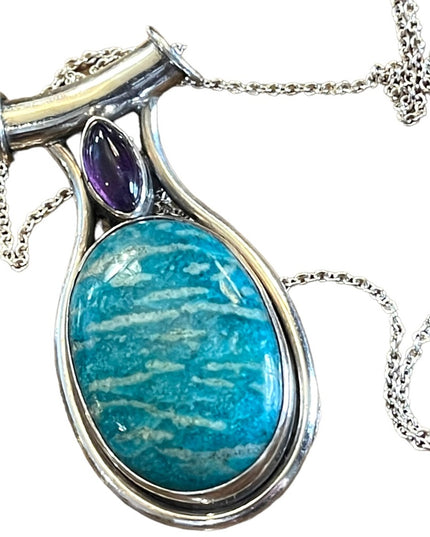 Large Sterling silver 925 Amazonite & Amethyst pendant necklace Balenisi…