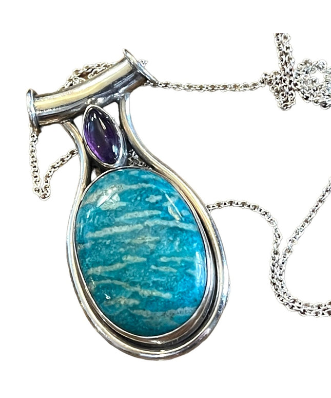 Large Sterling silver 925 Amazonite & Amethyst pendant necklace Balenisi…
