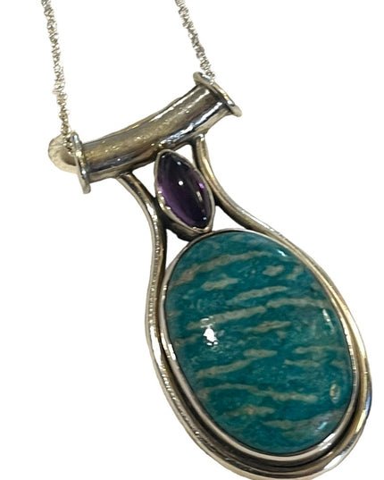 Large Sterling silver 925 Amazonite & Amethyst pendant necklace Balenisi…