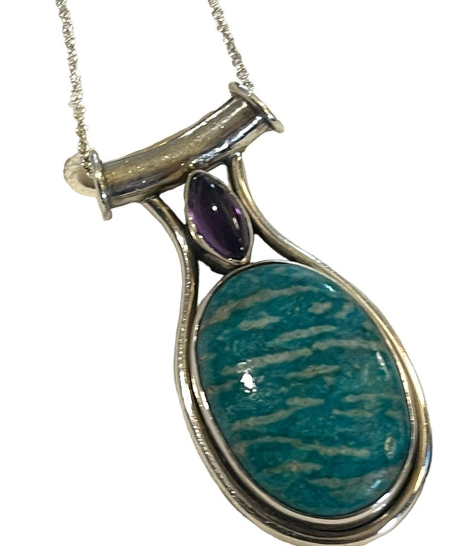 Large Sterling silver 925 Amazonite & Amethyst pendant necklace Balenisi…