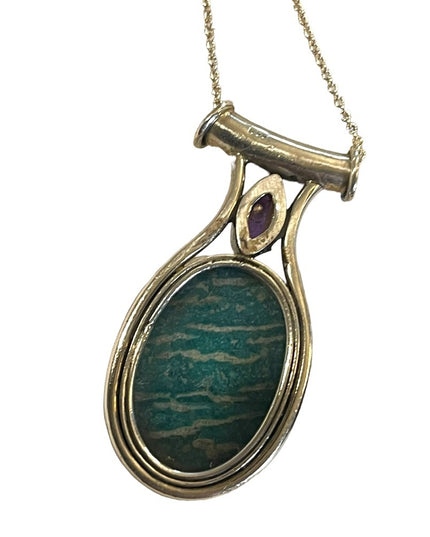 Large Sterling silver 925 Amazonite & Amethyst pendant necklace Balenisi…