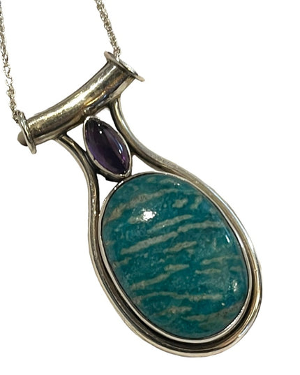 Large Sterling silver 925 Amazonite & Amethyst pendant necklace Balenisi…