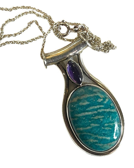 Large Sterling silver 925 Amazonite & Amethyst pendant necklace Balenisi…