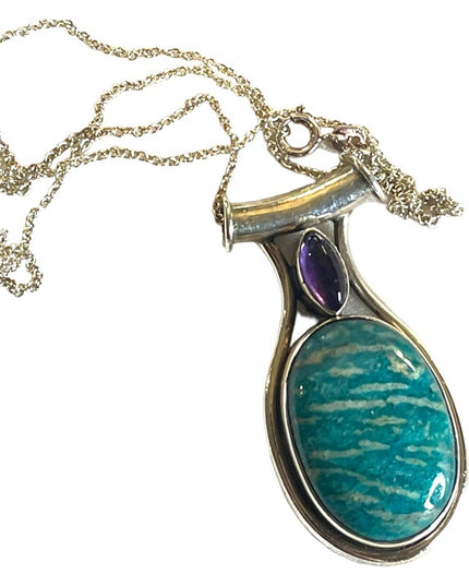 Large Sterling silver 925 Amazonite & Amethyst pendant necklace Balenisi…